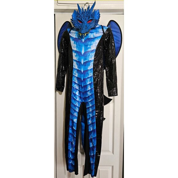 Deadly Dragon Kids Costume Black Blue scales Mask Tail Wings Halloween Boys 8-10 - Picture 1 of 6